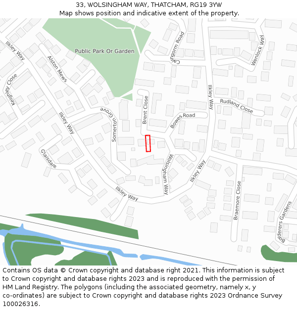 33, WOLSINGHAM WAY, THATCHAM, RG19 3YW: Location map and indicative extent of plot