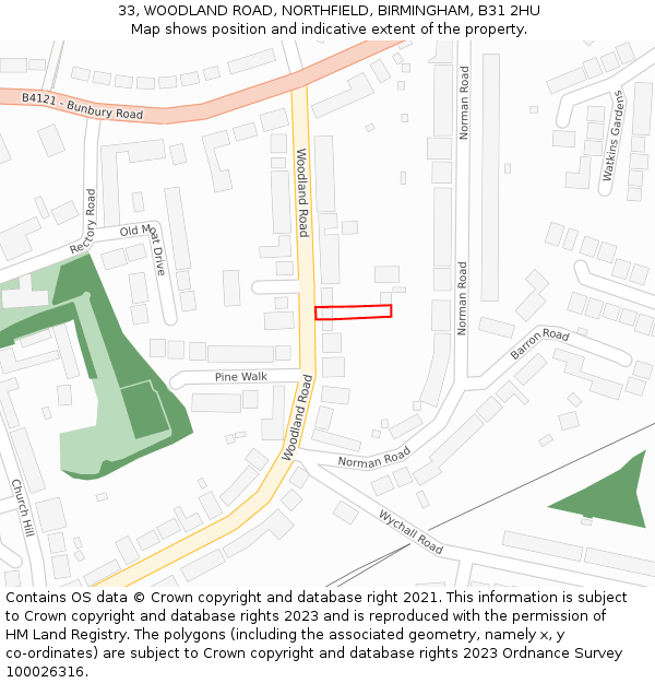 33, WOODLAND ROAD, NORTHFIELD, BIRMINGHAM, B31 2HU: Location map and indicative extent of plot