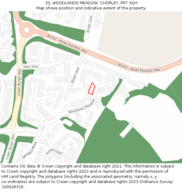 33, WOODLANDS MEADOW, CHORLEY, PR7 3QH: Location map and indicative extent of plot