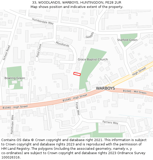 33, WOODLANDS, WARBOYS, HUNTINGDON, PE28 2UR: Location map and indicative extent of plot