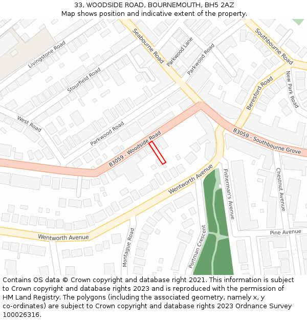 33, WOODSIDE ROAD, BOURNEMOUTH, BH5 2AZ: Location map and indicative extent of plot