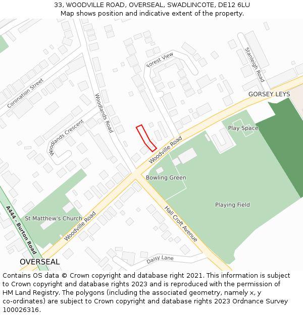 33, WOODVILLE ROAD, OVERSEAL, SWADLINCOTE, DE12 6LU: Location map and indicative extent of plot