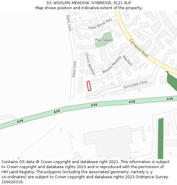 33, WOOLMS MEADOW, IVYBRIDGE, PL21 9UF: Location map and indicative extent of plot