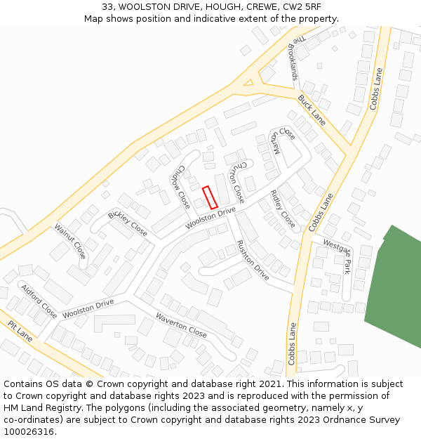 33, WOOLSTON DRIVE, HOUGH, CREWE, CW2 5RF: Location map and indicative extent of plot