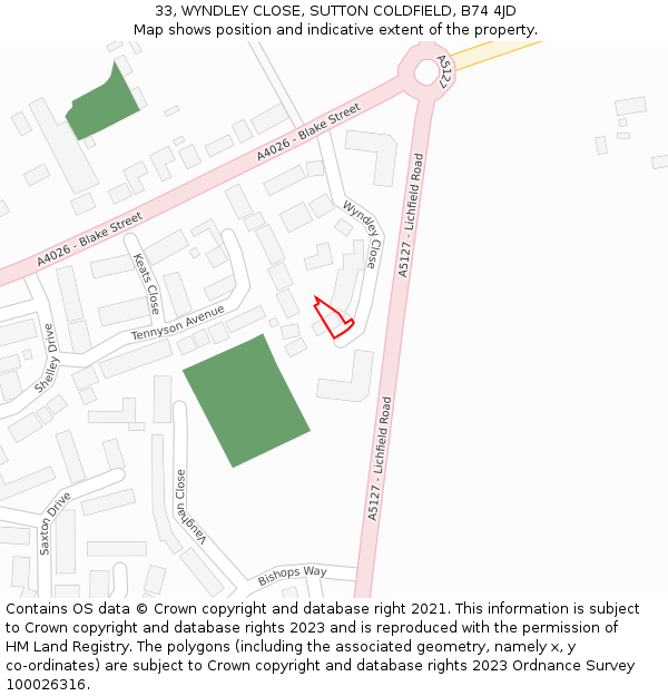 33, WYNDLEY CLOSE, SUTTON COLDFIELD, B74 4JD: Location map and indicative extent of plot