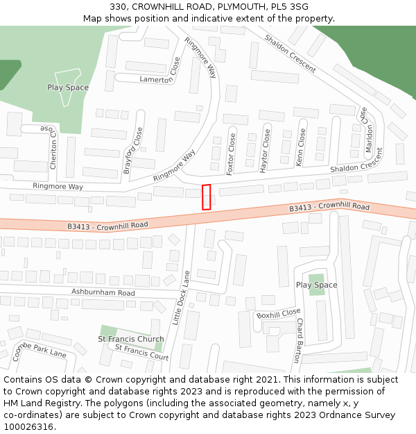 330, CROWNHILL ROAD, PLYMOUTH, PL5 3SG: Location map and indicative extent of plot