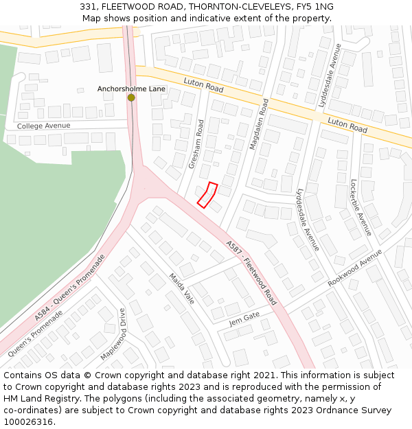 331, FLEETWOOD ROAD, THORNTON-CLEVELEYS, FY5 1NG: Location map and indicative extent of plot