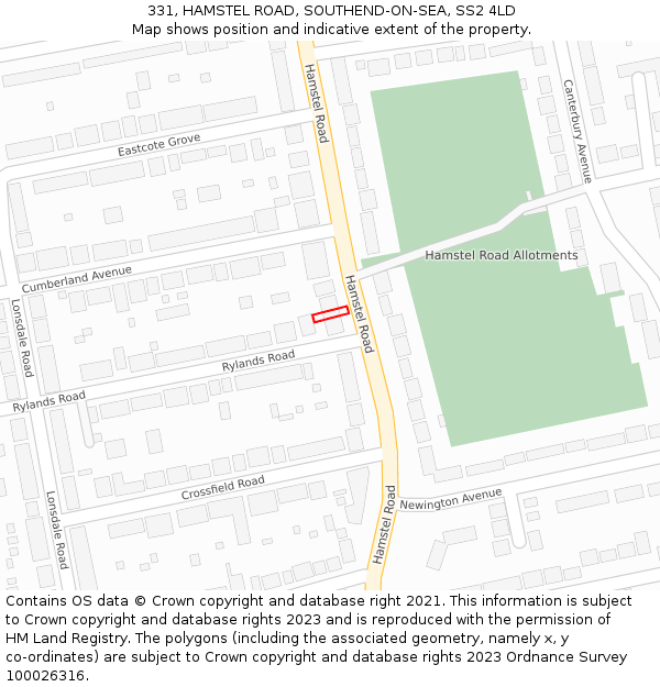 331, HAMSTEL ROAD, SOUTHEND-ON-SEA, SS2 4LD: Location map and indicative extent of plot