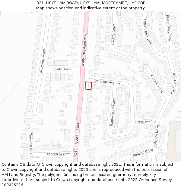331, HEYSHAM ROAD, HEYSHAM, MORECAMBE, LA3 2BP: Location map and indicative extent of plot