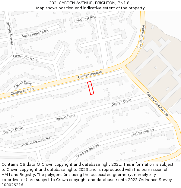 332, CARDEN AVENUE, BRIGHTON, BN1 8LJ: Location map and indicative extent of plot