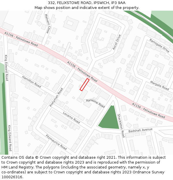 332, FELIXSTOWE ROAD, IPSWICH, IP3 9AA: Location map and indicative extent of plot