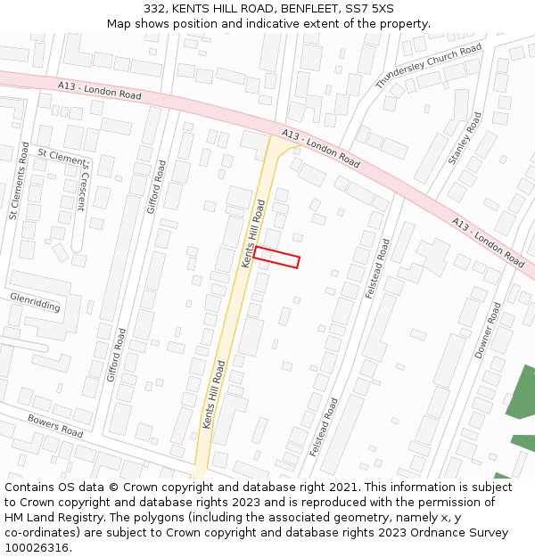 332, KENTS HILL ROAD, BENFLEET, SS7 5XS: Location map and indicative extent of plot