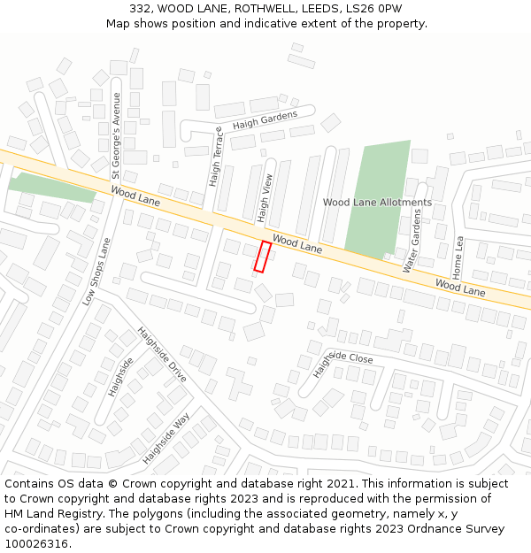 332, WOOD LANE, ROTHWELL, LEEDS, LS26 0PW: Location map and indicative extent of plot