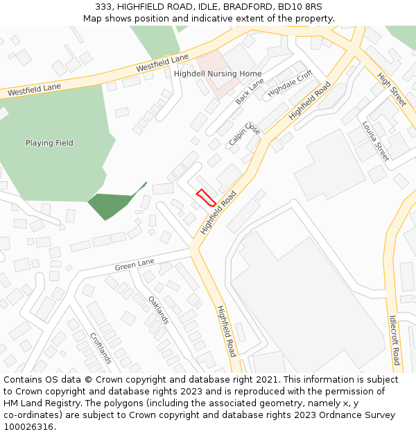 333, HIGHFIELD ROAD, IDLE, BRADFORD, BD10 8RS: Location map and indicative extent of plot