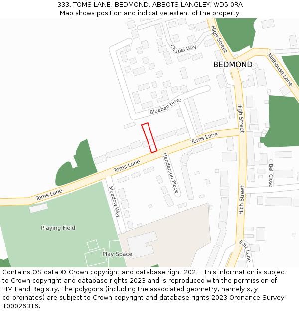 333, TOMS LANE, BEDMOND, ABBOTS LANGLEY, WD5 0RA: Location map and indicative extent of plot