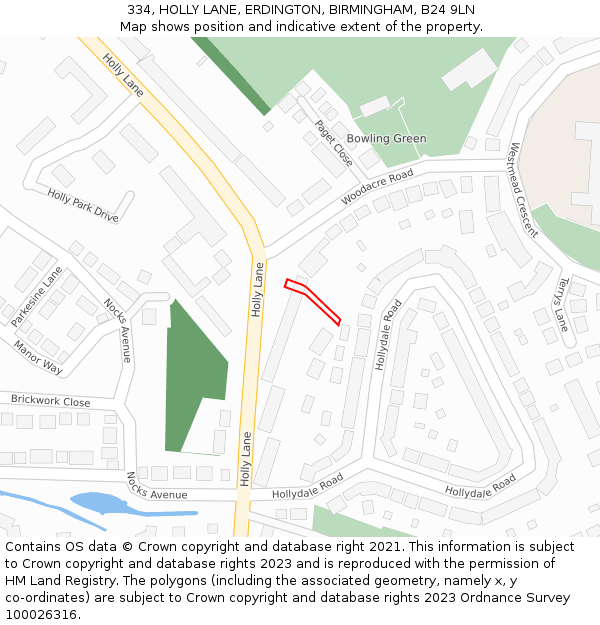 334, HOLLY LANE, ERDINGTON, BIRMINGHAM, B24 9LN: Location map and indicative extent of plot