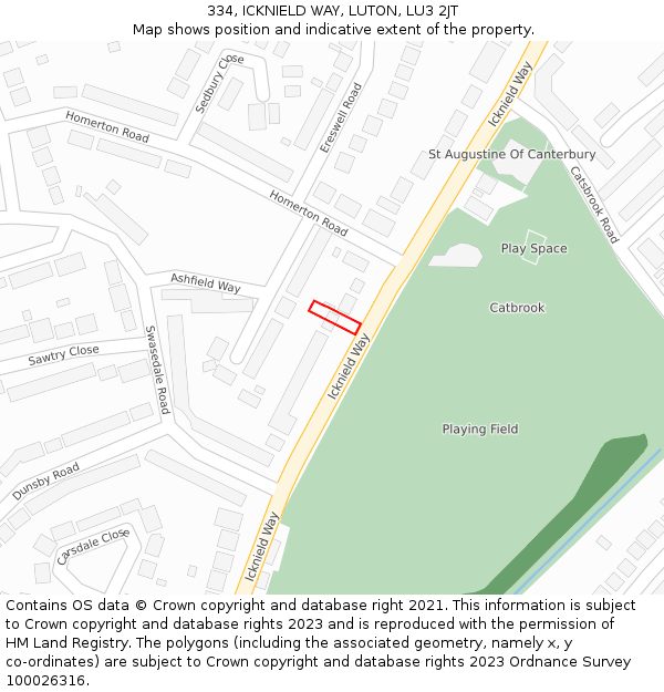 334, ICKNIELD WAY, LUTON, LU3 2JT: Location map and indicative extent of plot