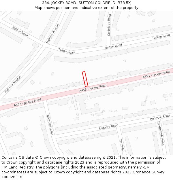 334, JOCKEY ROAD, SUTTON COLDFIELD, B73 5XJ: Location map and indicative extent of plot