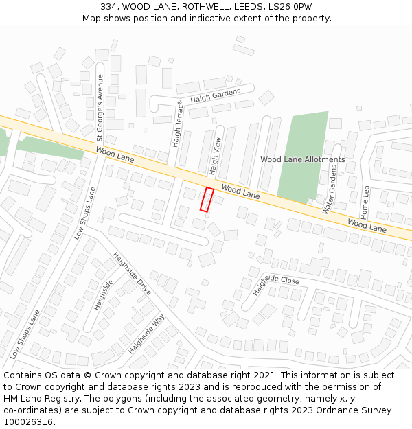 334, WOOD LANE, ROTHWELL, LEEDS, LS26 0PW: Location map and indicative extent of plot