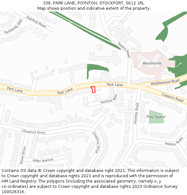 336, PARK LANE, POYNTON, STOCKPORT, SK12 1RL: Location map and indicative extent of plot