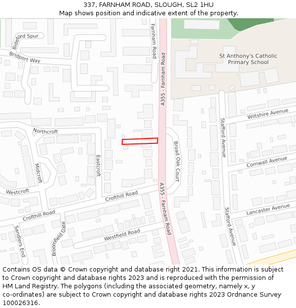 337, FARNHAM ROAD, SLOUGH, SL2 1HU: Location map and indicative extent of plot