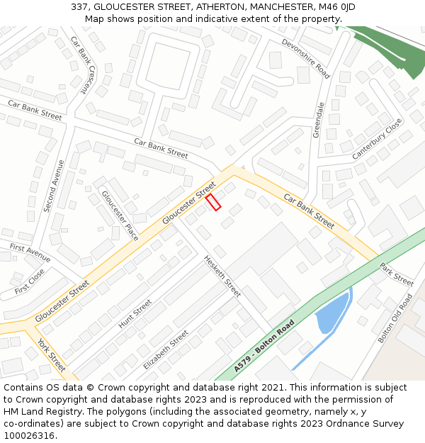 337, GLOUCESTER STREET, ATHERTON, MANCHESTER, M46 0JD: Location map and indicative extent of plot