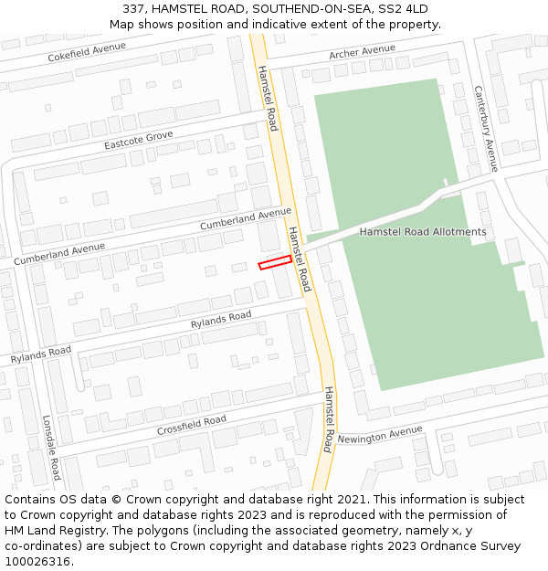 337, HAMSTEL ROAD, SOUTHEND-ON-SEA, SS2 4LD: Location map and indicative extent of plot