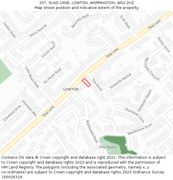 337, SLAG LANE, LOWTON, WARRINGTON, WA3 2HZ: Location map and indicative extent of plot