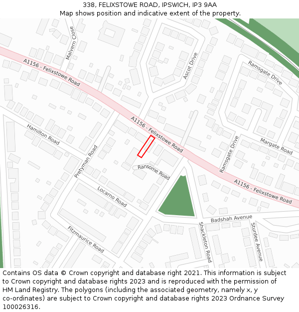 338, FELIXSTOWE ROAD, IPSWICH, IP3 9AA: Location map and indicative extent of plot