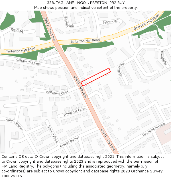 338, TAG LANE, INGOL, PRESTON, PR2 3UY: Location map and indicative extent of plot