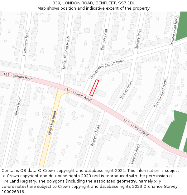 339, LONDON ROAD, BENFLEET, SS7 1BL: Location map and indicative extent of plot