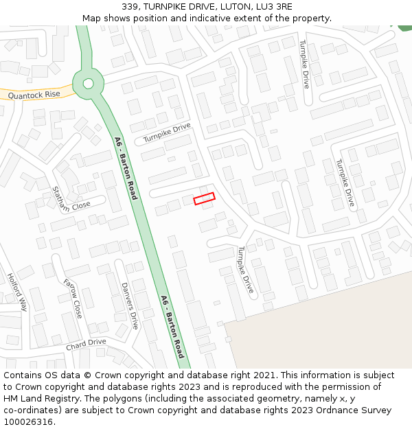 339, TURNPIKE DRIVE, LUTON, LU3 3RE: Location map and indicative extent of plot