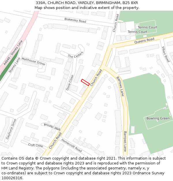 339A, CHURCH ROAD, YARDLEY, BIRMINGHAM, B25 8XR: Location map and indicative extent of plot