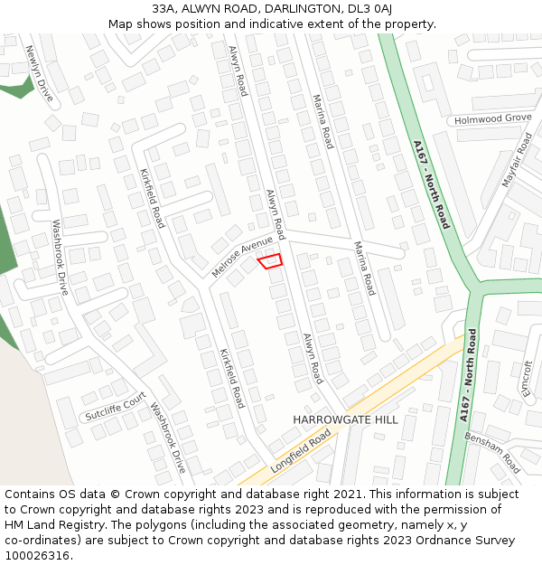 33A, ALWYN ROAD, DARLINGTON, DL3 0AJ: Location map and indicative extent of plot