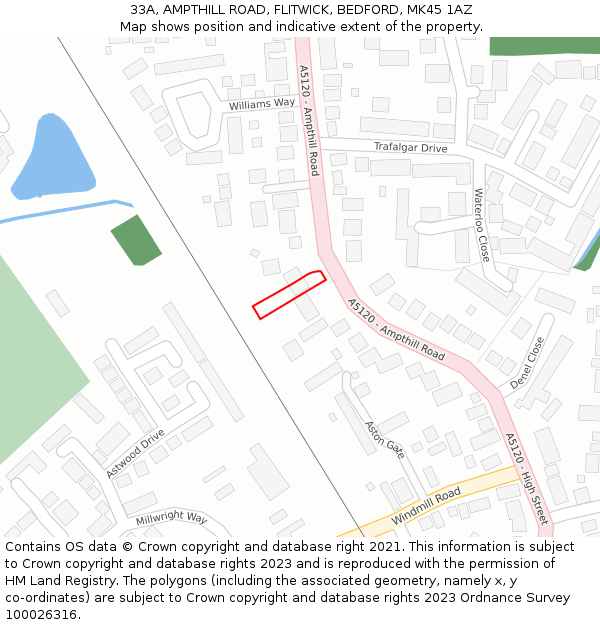 33A, AMPTHILL ROAD, FLITWICK, BEDFORD, MK45 1AZ: Location map and indicative extent of plot