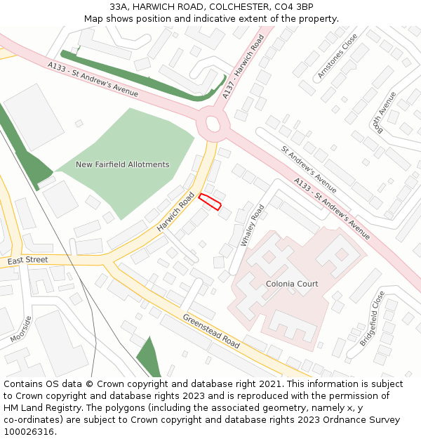 33A, HARWICH ROAD, COLCHESTER, CO4 3BP: Location map and indicative extent of plot