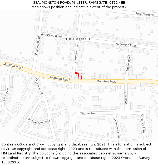 33A, MONKTON ROAD, MINSTER, RAMSGATE, CT12 4EB: Location map and indicative extent of plot