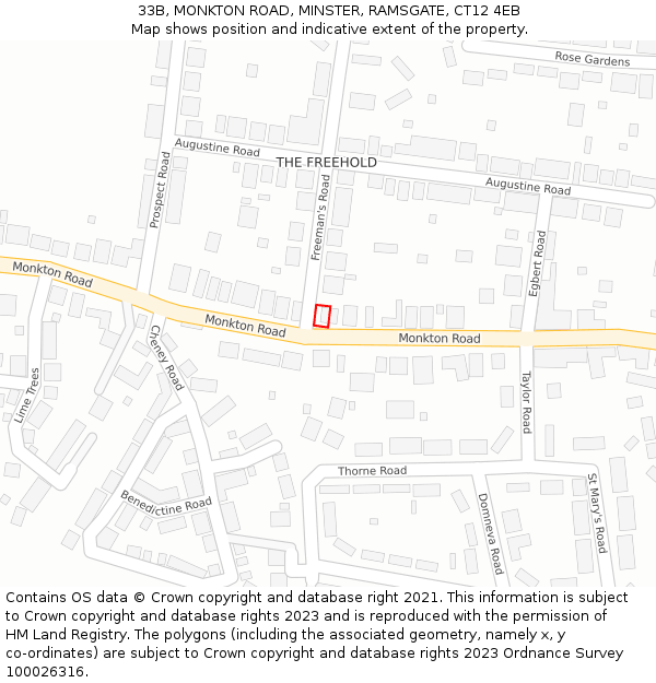 33B, MONKTON ROAD, MINSTER, RAMSGATE, CT12 4EB: Location map and indicative extent of plot