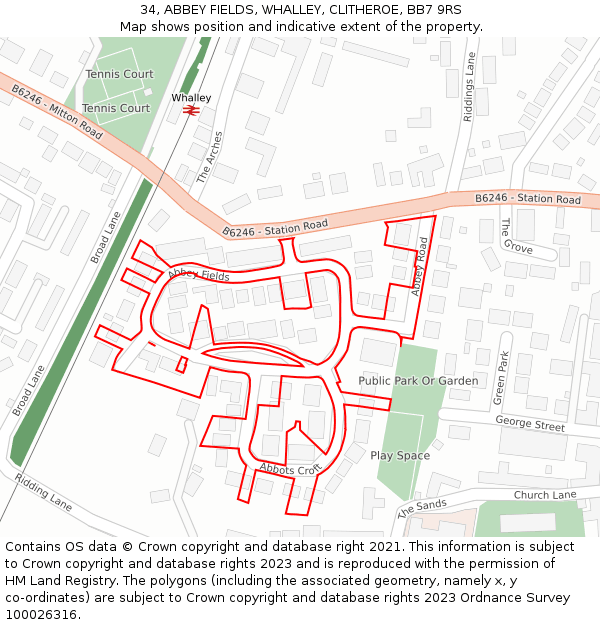 34, ABBEY FIELDS, WHALLEY, CLITHEROE, BB7 9RS: Location map and indicative extent of plot