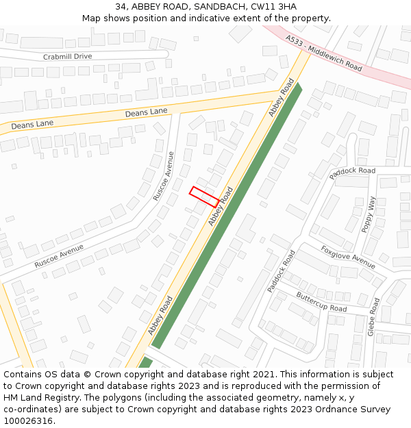 34, ABBEY ROAD, SANDBACH, CW11 3HA: Location map and indicative extent of plot