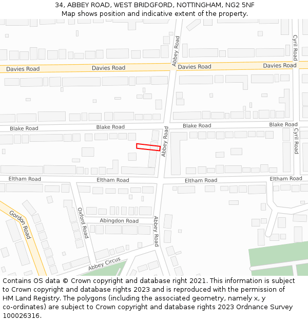 34, ABBEY ROAD, WEST BRIDGFORD, NOTTINGHAM, NG2 5NF: Location map and indicative extent of plot