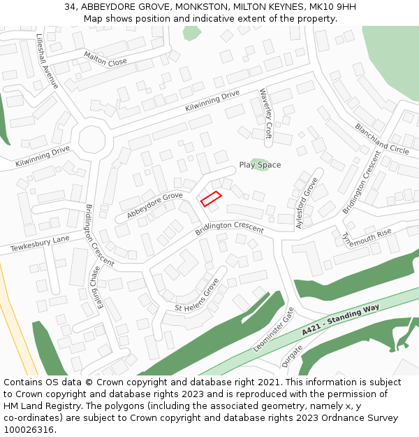 34, ABBEYDORE GROVE, MONKSTON, MILTON KEYNES, MK10 9HH: Location map and indicative extent of plot