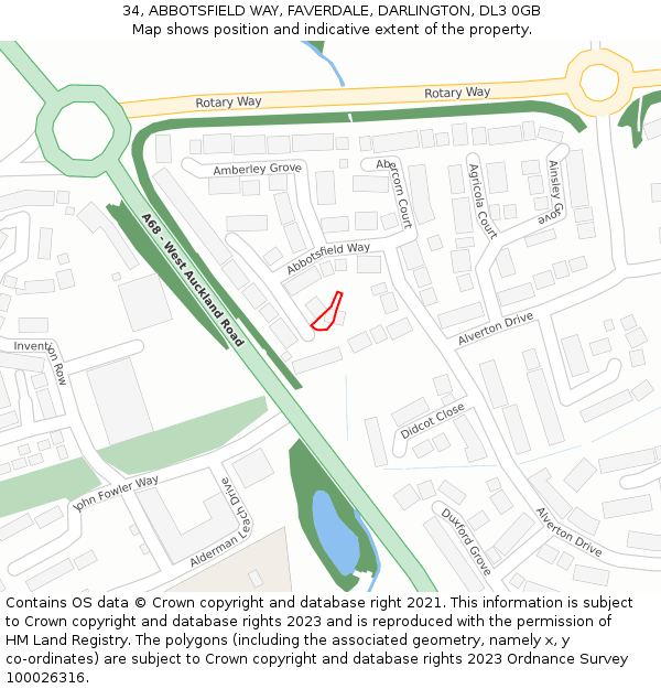 34, ABBOTSFIELD WAY, FAVERDALE, DARLINGTON, DL3 0GB: Location map and indicative extent of plot