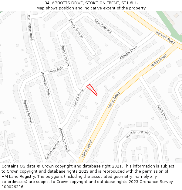 34, ABBOTTS DRIVE, STOKE-ON-TRENT, ST1 6HU: Location map and indicative extent of plot