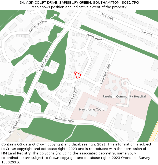 34, AGINCOURT DRIVE, SARISBURY GREEN, SOUTHAMPTON, SO31 7PG: Location map and indicative extent of plot