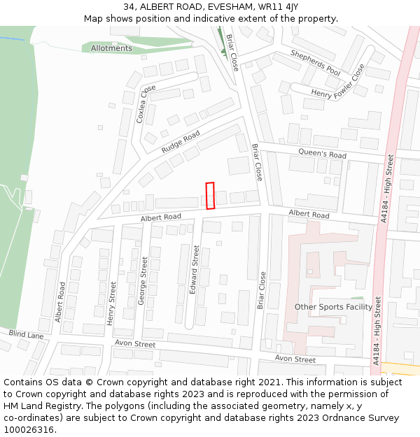 34, ALBERT ROAD, EVESHAM, WR11 4JY: Location map and indicative extent of plot