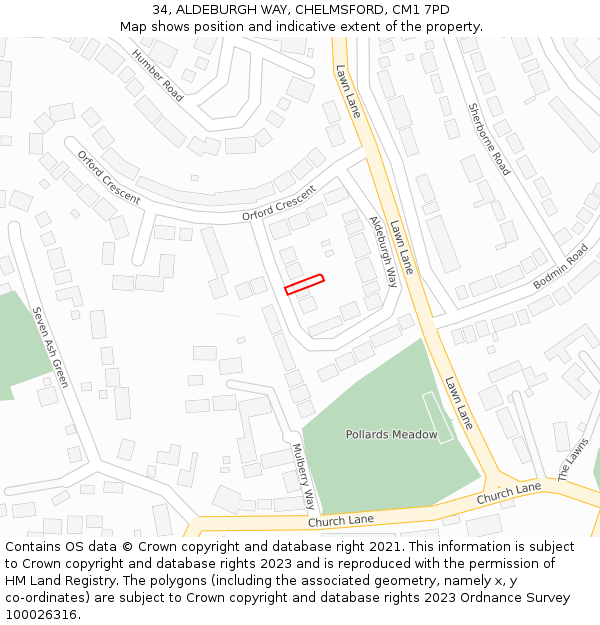 34, ALDEBURGH WAY, CHELMSFORD, CM1 7PD: Location map and indicative extent of plot