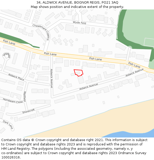 34, ALDWICK AVENUE, BOGNOR REGIS, PO21 3AQ: Location map and indicative extent of plot