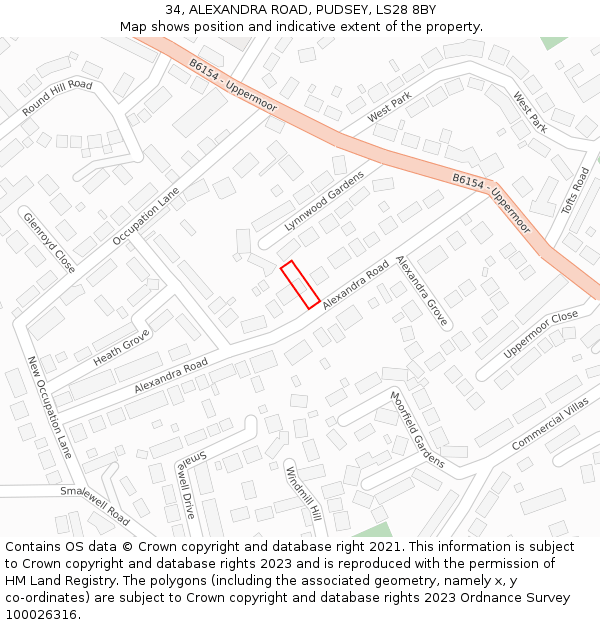 34, ALEXANDRA ROAD, PUDSEY, LS28 8BY: Location map and indicative extent of plot