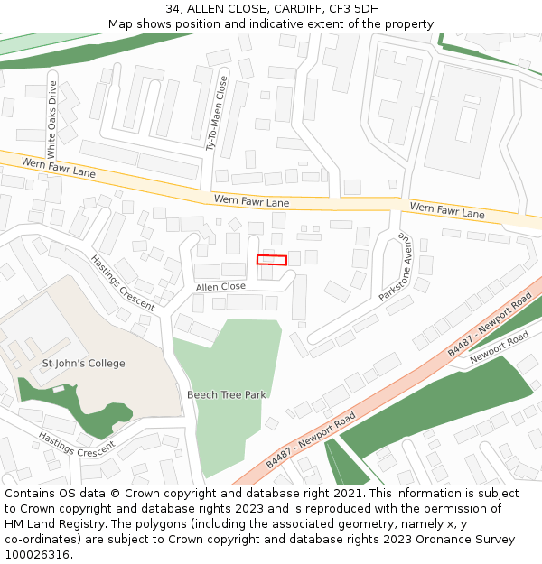 34, ALLEN CLOSE, CARDIFF, CF3 5DH: Location map and indicative extent of plot